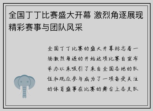 全国丁丁比赛盛大开幕 激烈角逐展现精彩赛事与团队风采