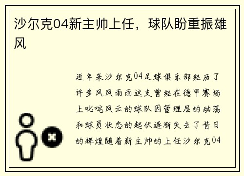 沙尔克04新主帅上任，球队盼重振雄风